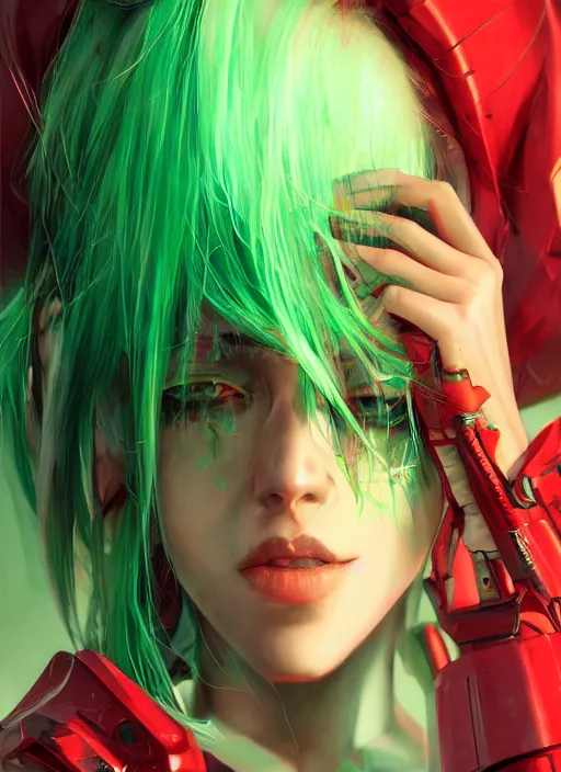 Prompt: cyberpunk woman with green hair wearing futuristic clothes and a red plaid miniskirt, beautiful face, character portrait, by wlop, by artgerm, by yoshitaka amano, digital art, matte art, octane render, lineart, pop art