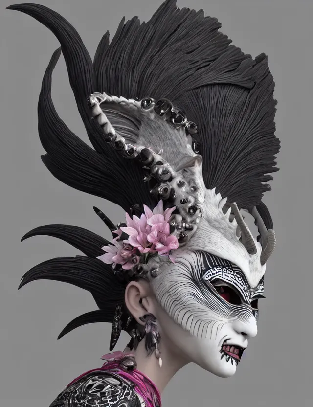 Image similar to 3 d goddess close - up profile simple portrait punk with mohawk with goat skull. beautiful intricately detailed japanese crow kitsune mask and clasical japanese kimono. betta fish, jellyfish phoenix, bio luminescent, plasma, ice, water, wind, creature, artwork by tooth wu and wlop and beeple and greg rutkowski