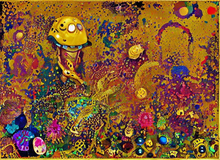 Image similar to pixel decollage painting golden armor alien zombie horseman riding on a crystal bone dragon broken rainbow diamond maggot horse in a blossoming meadow full of colorful mushrooms and golden foil toad blobs in a golden sunset, distant forest horizon, painted by Mark Rothko, Helen Frankenthaler, Danny Fox and Hilma af Klint, pixelated, neo expressionism, semi naive, pastel colors, cinematic, color field painting, cave painting, voxel, pop art look, outsider art, minimalistic. Bill Traylor painting, part by Philip Guston and Francis Bacon. art by Adrian Ghenie, very coherent symmetrical artwork, cinematic, hyper realism, high detail, octane render, unreal engine, Smooth gradients, depth of field, full body character drawing, extremely detailed, 8k, extreme detail, intricate detail, masterpiece