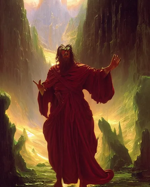 Image similar to A chaotic evil dnd wizard, he wears robes. Award winning oil painting by Thomas Cole and Wayne Barlowe. Highly detailed