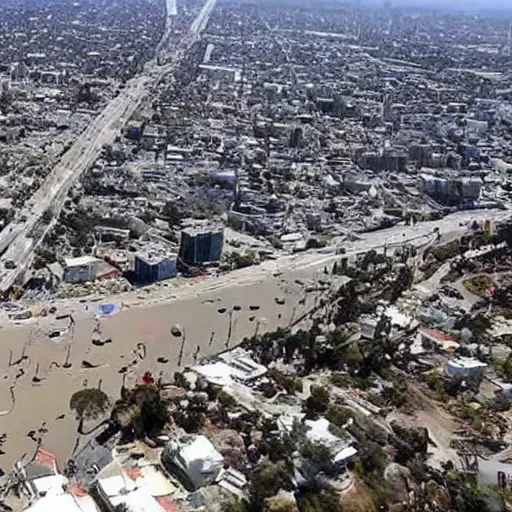 Image similar to aerial footage of los angeles after huge earthquake and tsunami