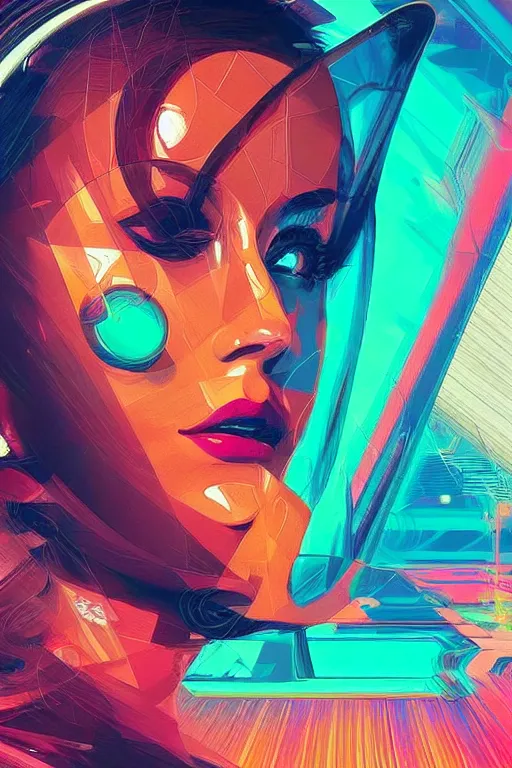 Prompt: fisheye portrait, digital painting, an beautiful, crazy hacker girl, lost in code, synthwave, glitch!!, fractured reality, refraction, realistic, hyperdetailed, night, concept art, art by syd mead, cubism