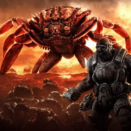 Image similar to evil large crab monster in gears of war, splash art, movie still, detailed face, photorealistic facial features, cinematic lighting, dramatic, octane render, long lens, shallow depth of field, bokeh, anamorphic lens flare, 8 k, hyper detailed, 3 5 mm film grain