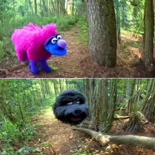Image similar to trail cam footage of Grover the Muppet, Grover on video from a trail camera