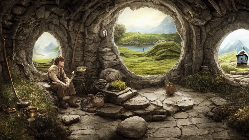 Image similar to frodo writing in his journal inside his hobbit hole bag end at the end of his journey, hobbiton visible through a window, by alan lee, michal karcz, smooth details, lord of the rings, game of thrones, smooth, detailed terrain, oil painting, trending artstation, concept art, fantasy matte painting
