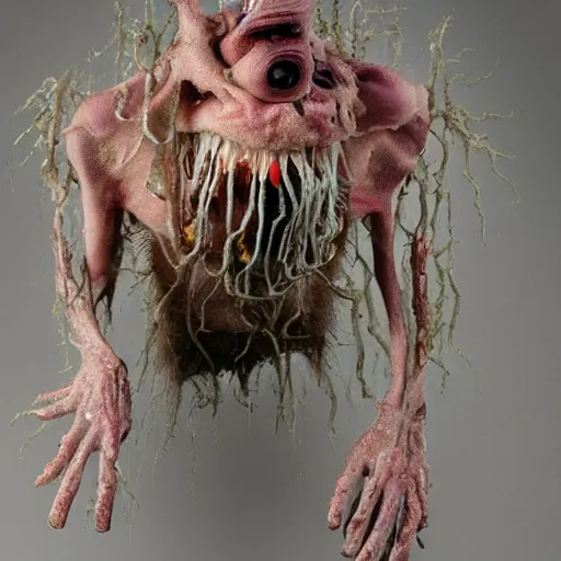 Image similar to a very strange creature made of cronenberg schmutz and drips, skin parts, fuzzy disgusting teeth, saliva nasty