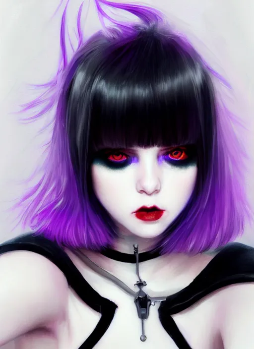 Image similar to portrait of white teenage girl, normal face, white bangs, mall goth, cyberlox, black and white hair, bangs, fluffy bangs, red contact lenses, purple lipstick, intricate, elegant, highly detailed, digital painting, artstation, concept art, sharp focus, smooth, illustration, art by wlop, mars ravelo and greg rutkowski