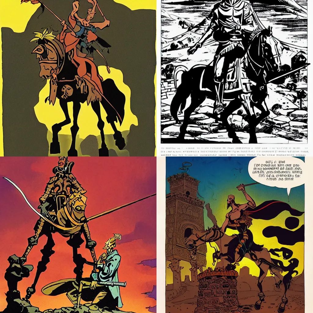 Prompt: don Quixote at the city of gold by mike mignola