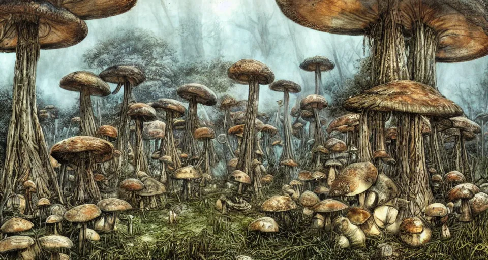 Image similar to A tribal village in a forest of giant mushrooms, by Luis Royo,