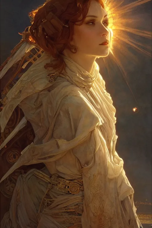 Image similar to civilization on the sun, intricate, elegant, dramatic lighting, rugged face, highly detailed, lifelike, photorealistic, digital painting, artstation, illustration, concept art, smooth, sharp focus, art by John Collier and Albert Aublet and Krenz Cushart and Artem Demura and Alphonse Mucha