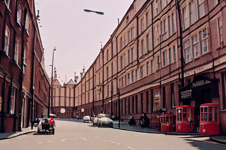 Image similar to London Street in the style of The Grand Budapest Hotel, a sunny day, 35mm, Kodak Vision3