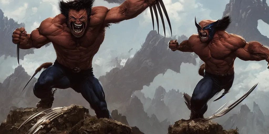 Image similar to Wolverine is laughing at you, Greg Rutkowski, Frank Frazetta, trending on Artstation, 8K, ultra wide angle, establishing shot, pincushion lens effect, zenith view