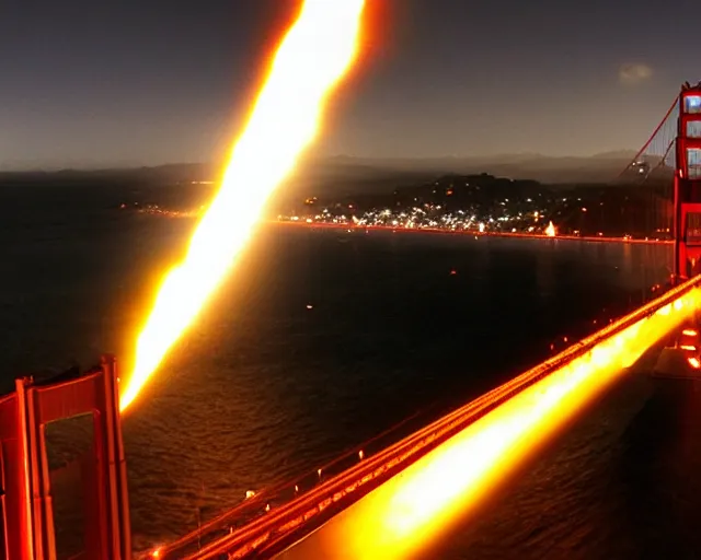 Prompt: large meteor crashed into golden gate bridge, photorealistic, hyper real, nighttime