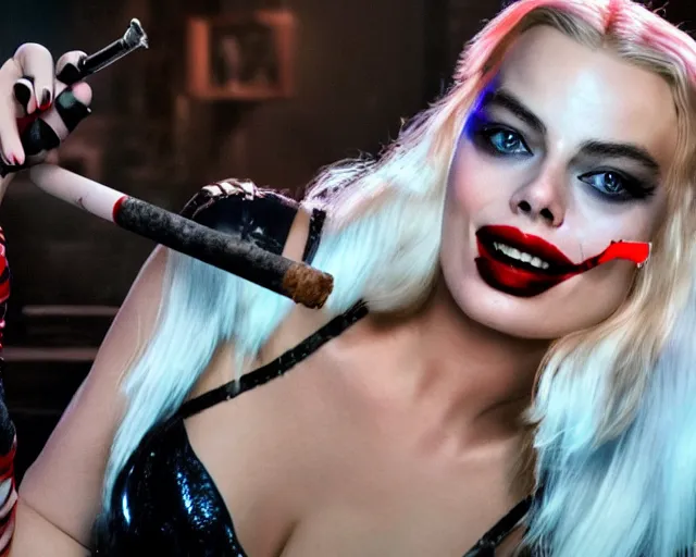 Prompt: Margot Robbie as a harley quinn smoking a cigarette, smoke cloud, cinematic, 4k, hyper realistic, super detailed