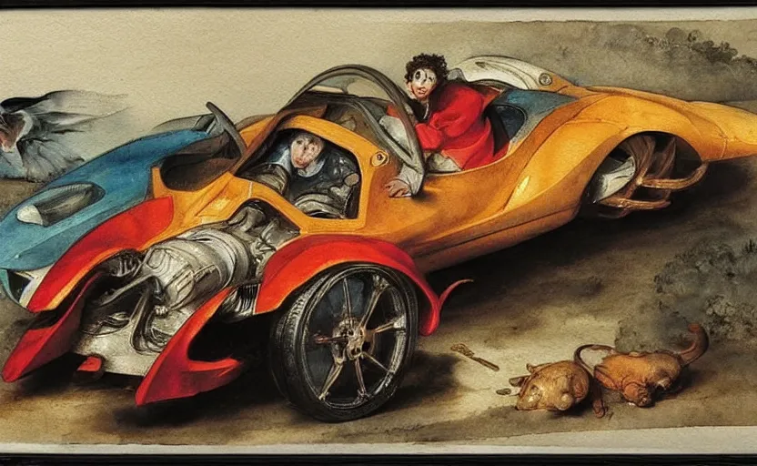 Prompt: sport car, colorful watercolor. by rembrant, 1 6 6 7, battle angel alita