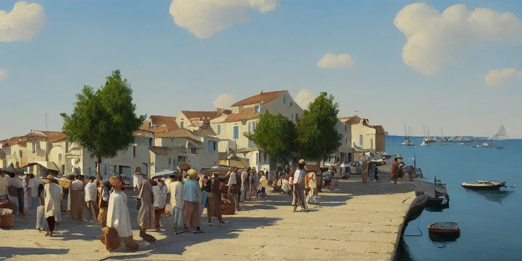 Prompt: a beautiful extremely complex painting of a mediterranean fishing village in summer by peter ilsted, whitewashed housed, tall cypress trees, blue shutters on windows, people walking down a street, trending and featured on artstation and behance