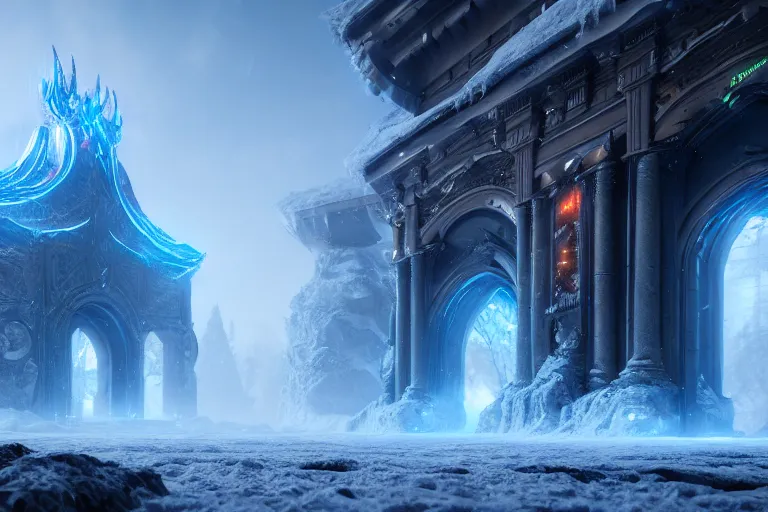 Image similar to a very detailed concept art of epic gates to frost, trending on artstation, digital art, 4 k, hyper realistic, octane render, sharp focus