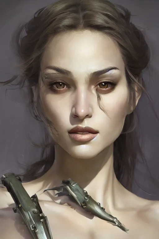 Image similar to a professionally painted portrait of an attractive young woman, clothed in military armor, olive skin, long dark hair, beautiful bone structure, symmetrical facial features, intricate, elegant, digital painting, trending on Artstation, concept art, smooth, sharp focus, illustration, from Metal Gear by Ruan Jia and Mandy Jurgens and Artgerm and William-Adolphe Bouguerea, award winning