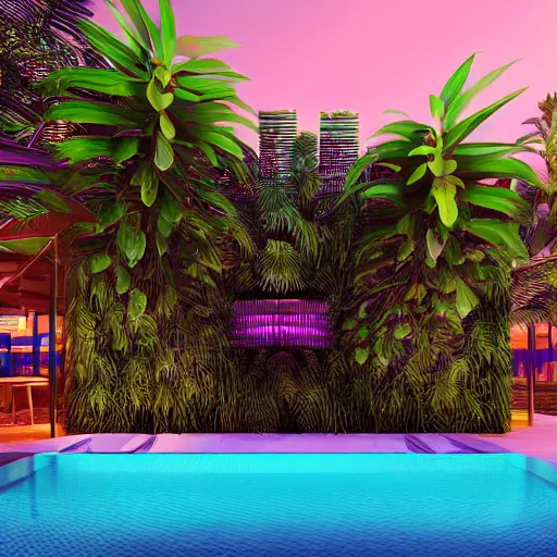 Image similar to a bar made with translucid fabric, swimming pool in front, parametric, blue hour, hyperrealistic, elevation, vray, unreal engine, lush tropical plants