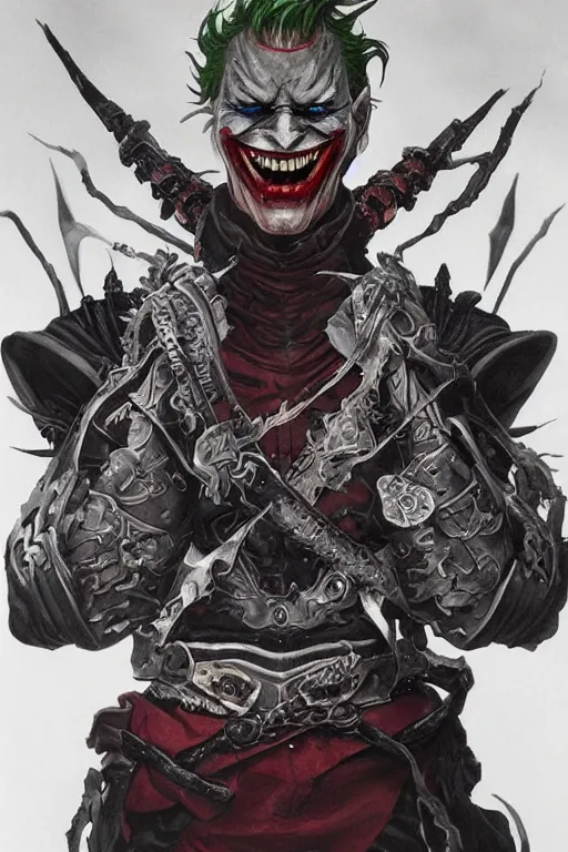 Image similar to full body concept art of Joker wearing samurai armor made with porcelain by Jeff Easley and Peter Elson + beautiful eyes, beautiful face + symmetry face + galaxy + gothic, surreal, dread + highly detailed, intricate complexity, epic composition, magical atmosphere + masterpiece, award winning + trending on artstation