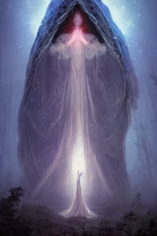 Image similar to a full body portrait of a mysterious goddess with a very long hooded cloak made of stars and clouds walking through a forest,, by maciej kuciara and jason chan and makoto shinkai and rodney matthews, ominous, auras, smoke, fire, embers, vapor, trending on artstation, ultra detailed, hyper realistic 4 k, volumetric light