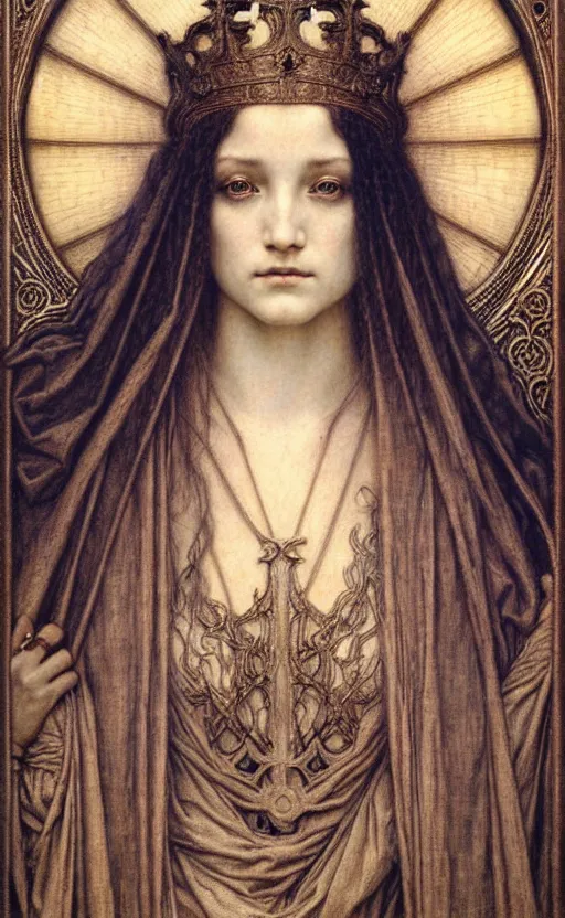 Image similar to detailed realistic beautiful young medieval queen face portrait by jean delville, gustave dore and marco mazzoni, art nouveau, symbolist, visionary, gothic, pre - raphaelite. horizontal symmetry