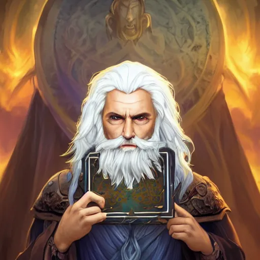 Prompt: a man with white hair and beard, wearing nomadic clothing holding a soul jar portrait, backlight, rim lighting, deep focus, d & d, fantasy, intricate, elegant, highly detailed, digital painting, artstation, concept art, matte, centered, sharp focus, illustration, hearthstone, art by artgerm, greg rutkowski and alphonse mucha