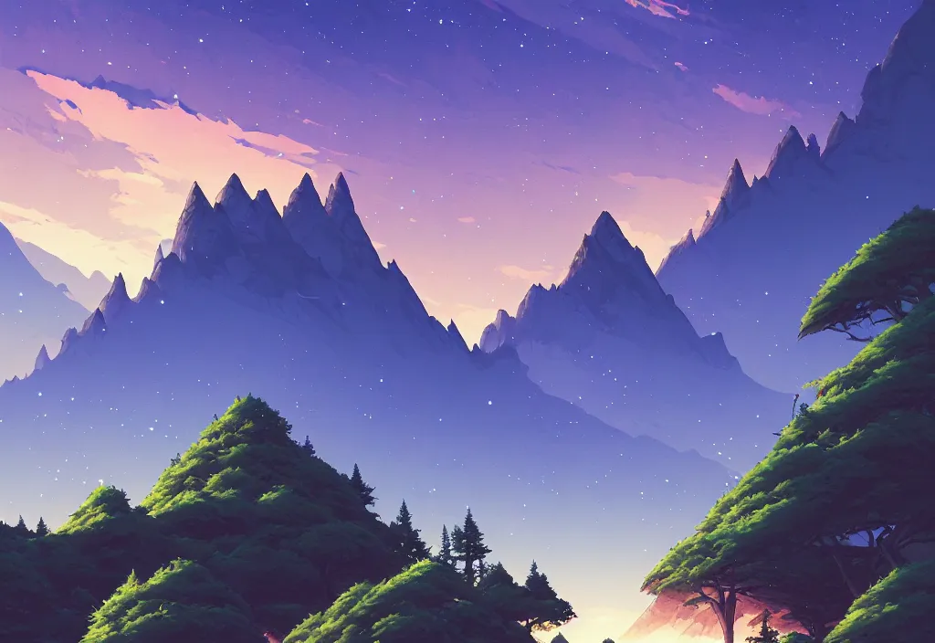 Image similar to mountains background with pines at night, rocks, trees, castle, night sky, intricate oil painting, high detail illustration, sharp high detail, manga and anime 1 9 9 9, official fanart behance hd artstation by jesper ejsing and makoto shinkai, 4 k,