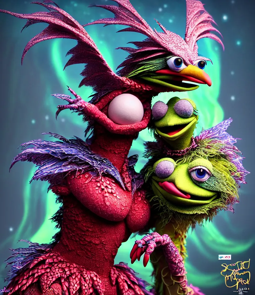 Image similar to hyper detailed 3d render like a Oil painting - kawaii portrait of hopeful lovers hugging tight or kissing pecking adorably Aurora (a beautiful girl skeksis muppet fae princess protective playful expressive acrobatic from dark crystal that looks like Anya Taylor-Joy) seen red carpet photoshoot in UVIVF posing in scaly dress to Eat of the Strangling network of yellowcake aerochrome and milky Fruit and His delicate Hands hold of gossamer polyp blossoms bring iridescent fungal flowers whose spores black the foolish stars by Jacek Yerka, Ilya Kuvshinov, Mariusz Lewandowski, Houdini algorithmic generative render, golen ratio, Abstract brush strokes, Masterpiece, Edward Hopper and James Gilleard, Zdzislaw Beksinski, Mark Ryden, Wolfgang Lettl, hints of Yayoi Kasuma and Dr. Seuss, Grant Wood, octane render, 8k