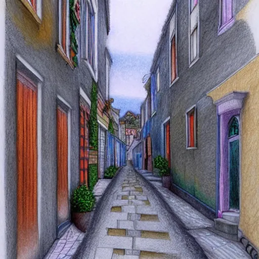 Image similar to narrow street between houses, colorful pencil drawing, concept art, high detail