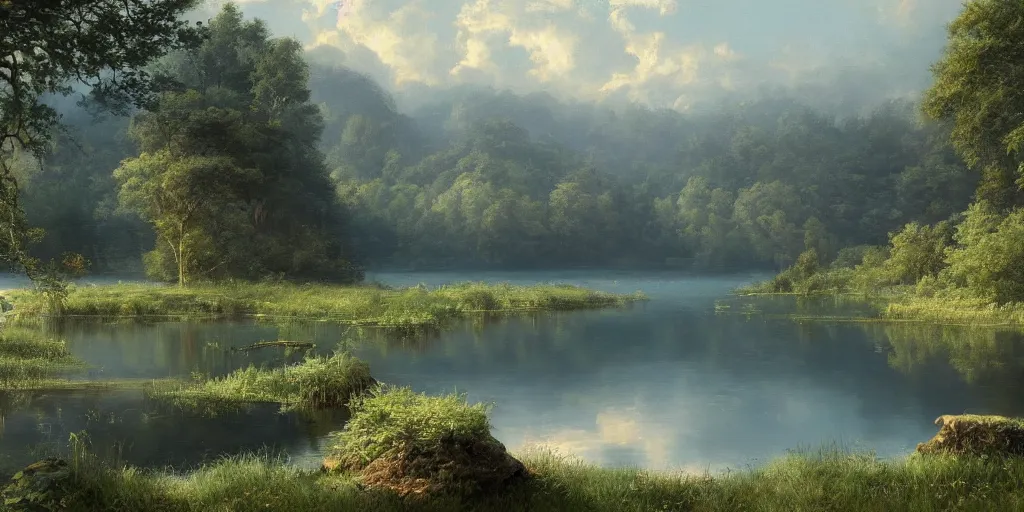 Image similar to a beautiful lake landscape in summer, by Ernest deutsch + Ted Nasmith, cinematic lighting, masterpiece, highly detailed, 8k resolution, trending on art station