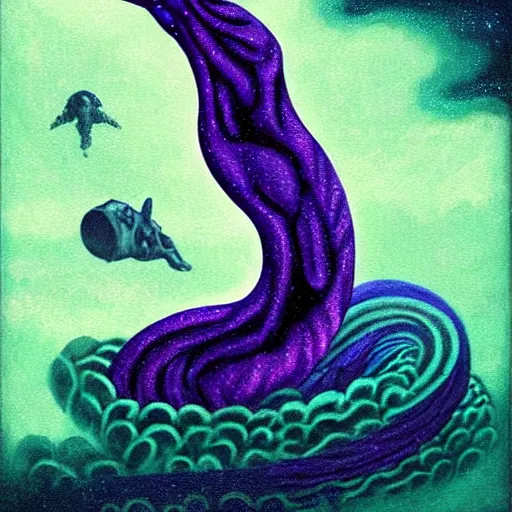 Prompt: Green purple indigo blue painting on black paper:: ancient Greek mythology illustration , a sea serpent wrapping around a submarine low angle:: tarot by Nele Diel