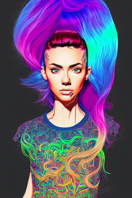 Image similar to a award winning half body portrait of a beautiful woman with stunning eyes in a printed croptop and cargo pants with rainbow colored ombre hairstyle head in motion and hair flying by josan gonzales, outrun, vaporware, shaded flat illustration, digital art, trending on artstation, highly detailed, fine detail, intricate