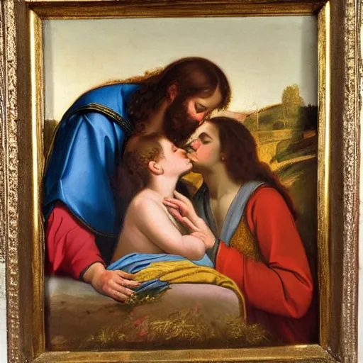 Image similar to 1 8 th oil panting of a jesus kissing with maria maddalena