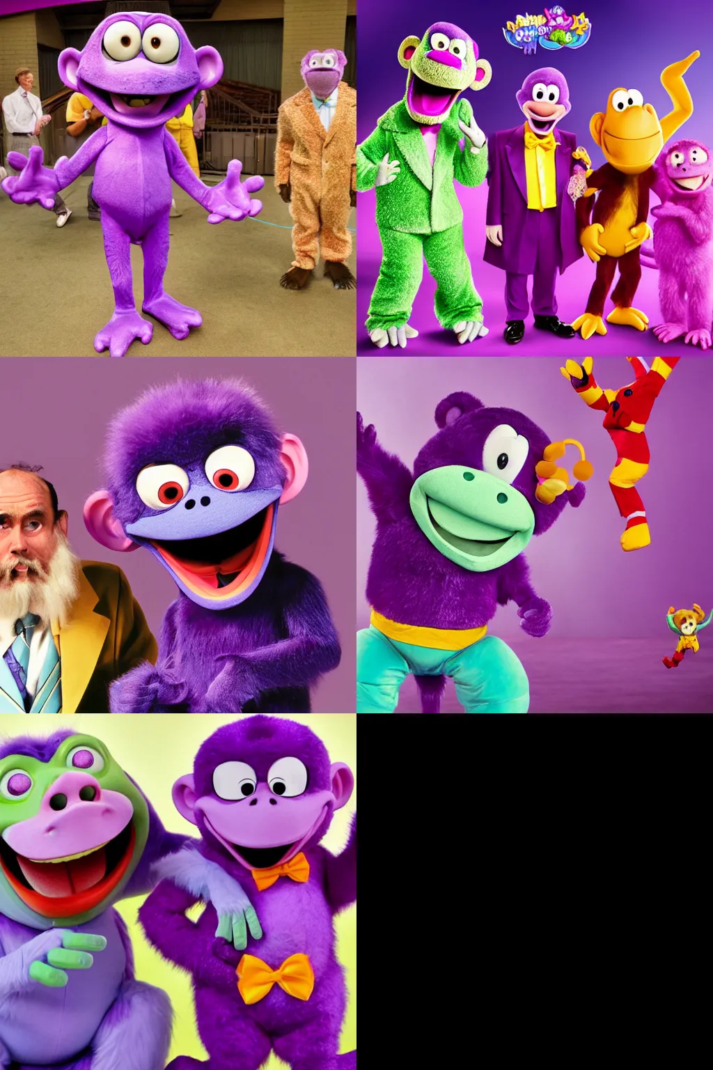 Prompt: Barney the purple dinosaur, a pelican in pink suits, and a monkey in a match. from Barney & Friends live action kids tv show 1992, 4k photograph still