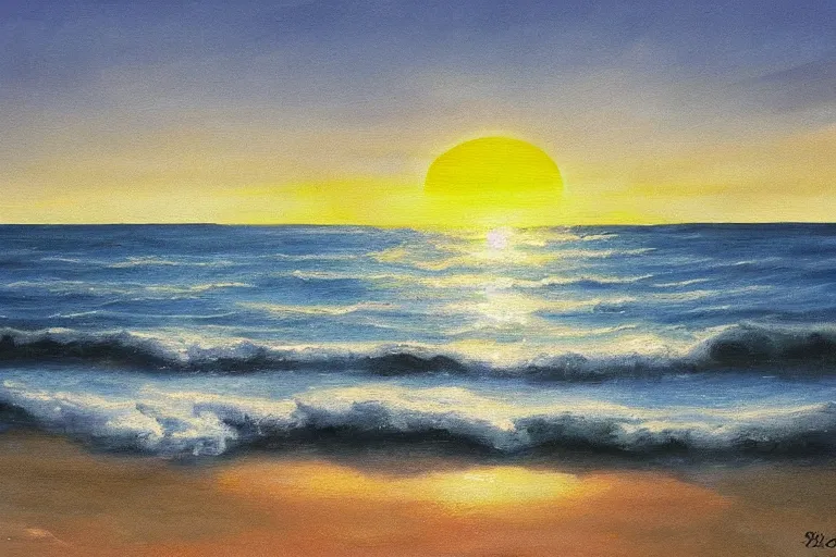 Image similar to The sun emerges out of the sea as seen from a beach, landscape art, painting, sci-fi