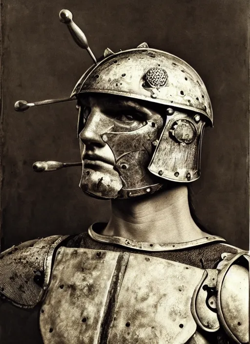 Prompt: close - up portrait athenian warrior with helmet and armor, art by joel peter witkin