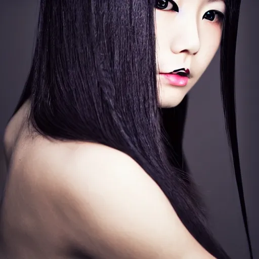 Image similar to professional upper body photograph of female japanese model in emo makeup, long hair, fringe. pretty and detailed eyes