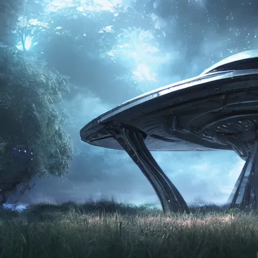 Image similar to an alien spaceship abandoned on a fairy biome, digital art, wet reflections, unreal engine 5, intricate details, fantasy, hyper realism, humongous view, rtx, smooth, cinematic