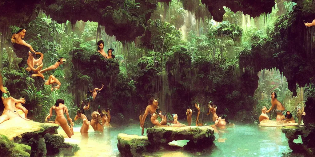 Image similar to a tropical cave that renovate as a luxury interior as a harem of beautiful women bathe in the waters and surround our protagonist by syd mead, frank frazetta, ken kelly, simon bisley, richard corben, william - adolphe bouguereau, detailed concept art