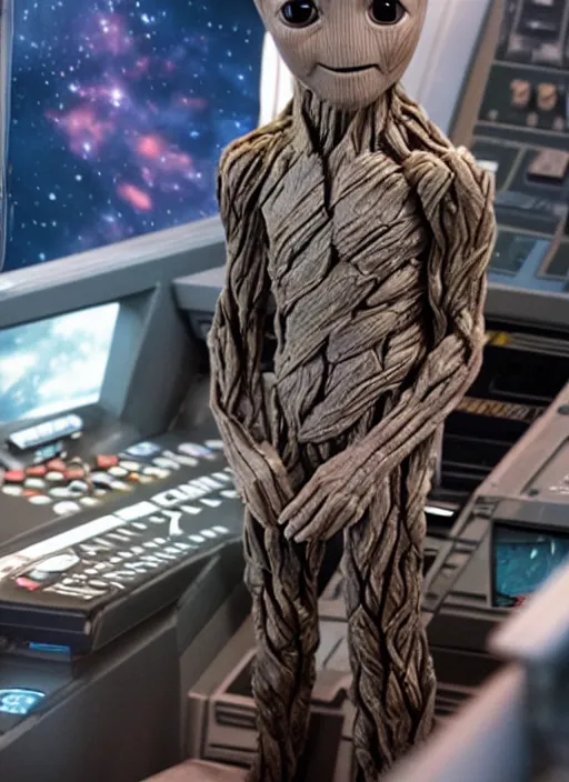 Image similar to baby groot sitting in the captains chair of the uss enterprise, photo realistic, centered in frame