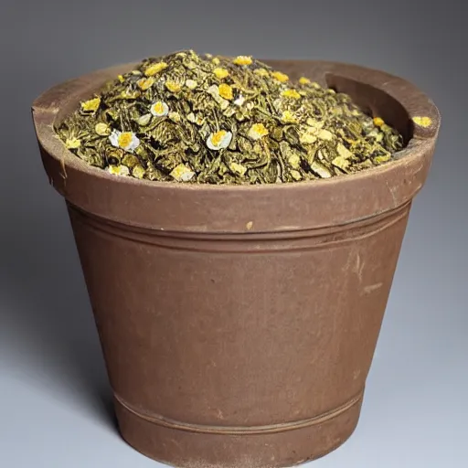 Prompt: chamomile tea in a bucket carved from ice —width 1024 —height 1024