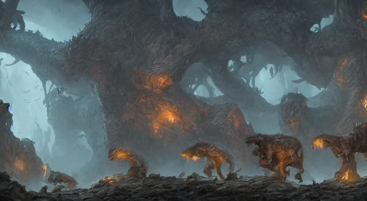 Image similar to indistinct glowing prehistoric beasts surrounded by slate grey walls, insane details, dramatic lighting, unreal engine 5, concept art, greg rutkowski, james gurney, johannes voss, hasui kawase.