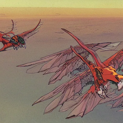 Prompt: wyverns in flight, breathing magic, epic scene, 8k, illustration, art by ghibli moebius, comics art