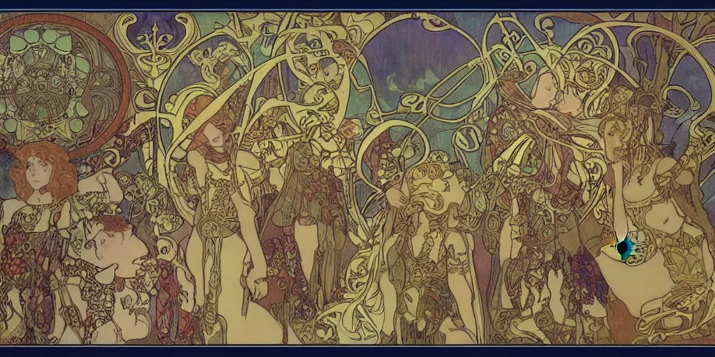 Image similar to art nouveau real time strategy, gameplay, units, buildings, base, medieval, fantasy, bright colors, high contrast, Alfons Mucha, Klimt,Art Deco, Warcraft 3 gameplay