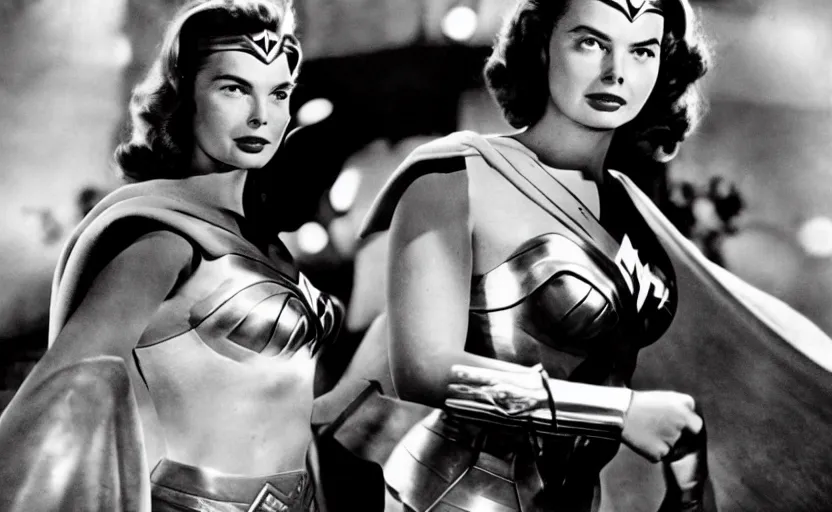 Prompt: ingrid bergman as wonder woman in a scene from the 1 9 4 8 film'wonder woman versus the robots '. film noir. action. beautiful. powerful. depth of field. publicity photograph. bokeh.