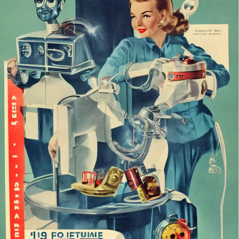 Prompt: 1950s future prediction of an artificial intelligent robot, colour 1950s advertising illustration