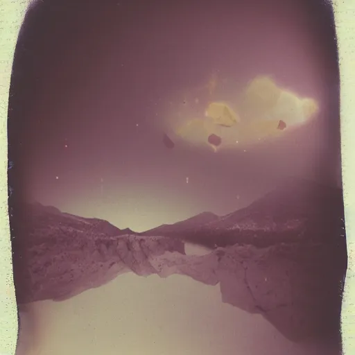 Image similar to polaroid of a surreal artsy dream scene, double exposure