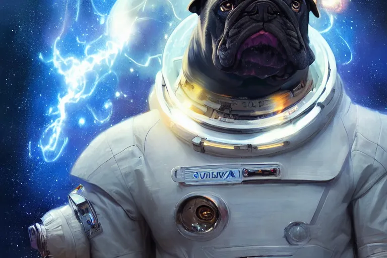 Image similar to portrait of a futuristic bulldog in a spacesuit, a nebula supernova in space, portrait, intricate, digital painting, artstation, concept art, smooth, sharp focus, illustration, cinematic lighting, art by artgerm and greg rutkowski and alphonse mucha