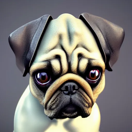 Prompt: 3 d rendered hyper realistic hyper detailed pug wearing a shiny leather gimp mask with zippers, octane render, blender, 8 k